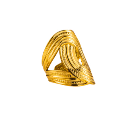 Elegant and durable 18k gold-plated 304 stainless steel, adjustable statement ring with a smooth polished finish, designed with a lightweight and tarnish resistant material for long wearing timeless sophistication.